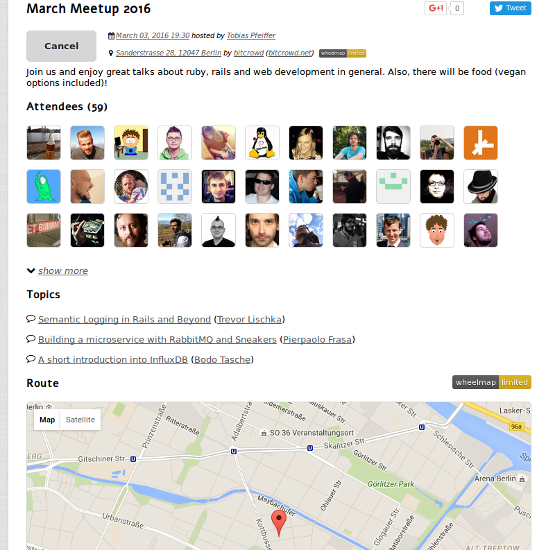 Our meetup page - containing all important information at a glance: time, venue (with map), topics, attendees and links to share